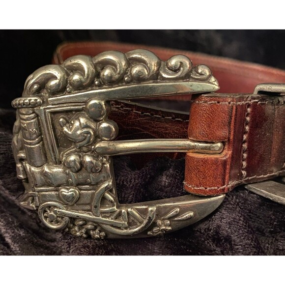 Disney Mickey & Co By Brighton Brown Statement Belt Silver Mickey Train Buckle - Picture 3 of 11